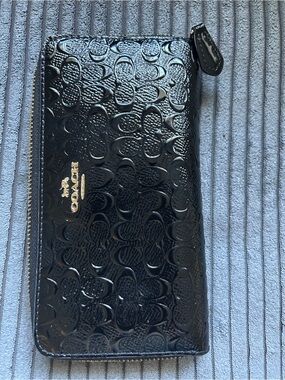 Coach Black Patent Leather Zip-Around Wallet with Signature Emboss